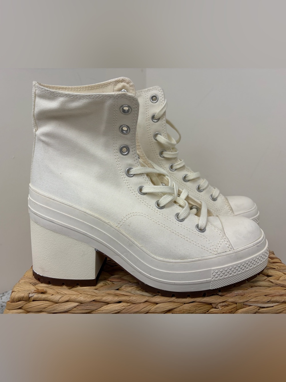 Converse Cream Lace-Up Chunky Heel Ankle Boots